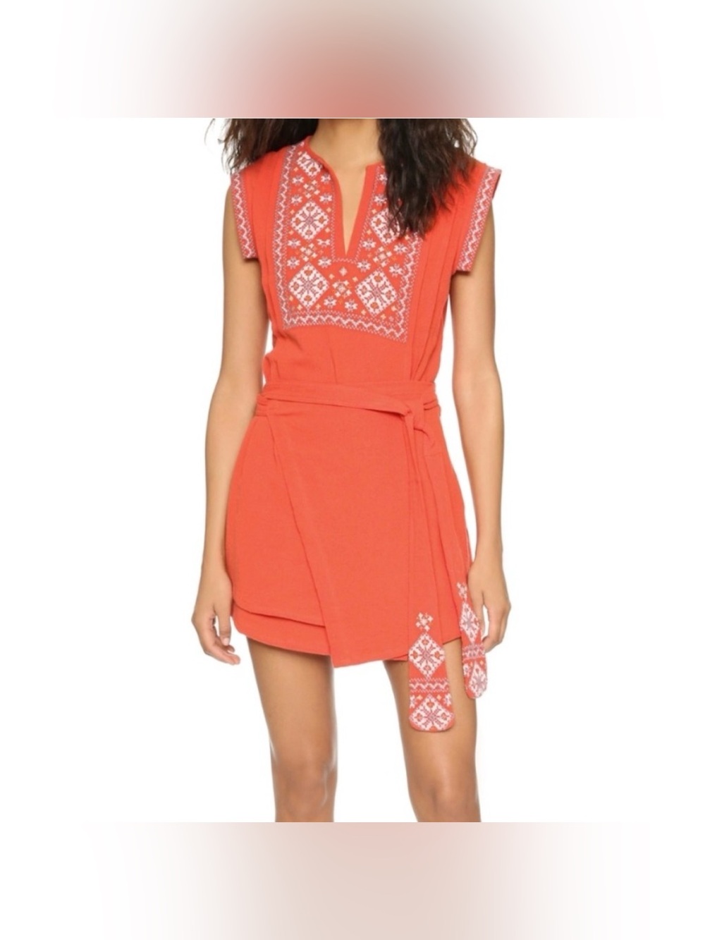 Free People “Running Wild“ Embroidered Coral Wrap Dress